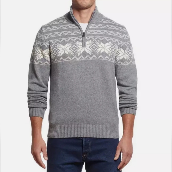 Men's Weatherproof Grey Quarter Zip Fair Isle Winter Pullover Sweater - Picture 1 of 9